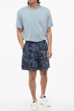 Discount Shorts in Cotone Leggero Motivo Vegetale con Banda Elastica Logata Uomo Pantaloni