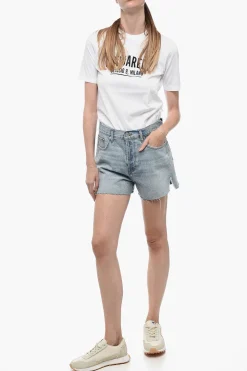 Outlet Shorts in Denim Distressed con Spacchi Laterali Donna Jeans