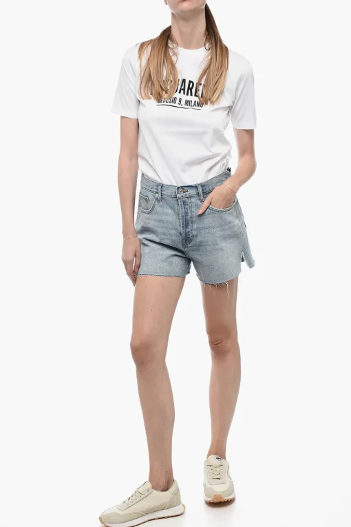Outlet Shorts in Denim Distressed con Spacchi Laterali Donna Jeans