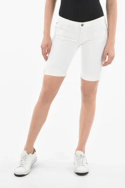 Hot Shorts in Denim Stretch a 5 Tasche con Bottone Logato Donna Jeans