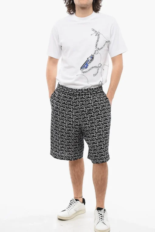 Online Shorts in Seta con Motivo Chain ed Elastico in Vita Uomo Pantaloni