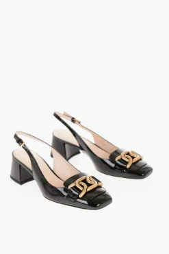 Outlet Slingback in Pelle Lucida con Horsebite Effetto Dorato e Tacco 5,5cm Donna Scarpe Con Tacco