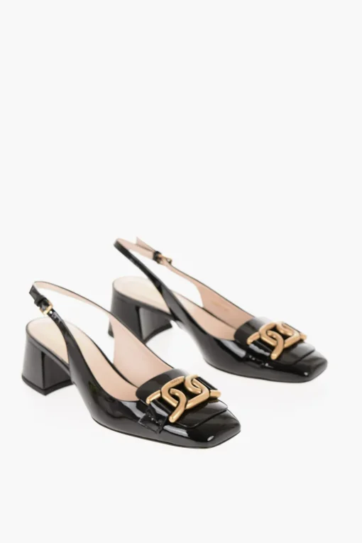Outlet Slingback in Pelle Lucida con Horsebite Effetto Dorato e Tacco 5,5cm Donna Scarpe Con Tacco