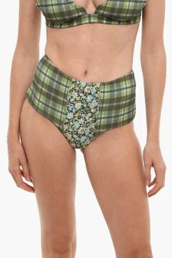 Fashion Slip Bikini a Vita Alta a Quadri con Dettagli Floreali Donna Costumi Da Bagno
