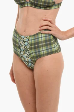 Fashion Slip Bikini a Vita Alta a Quadri con Dettagli Floreali Donna Costumi Da Bagno