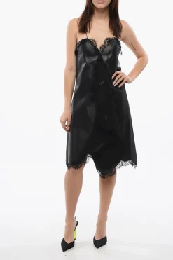 New Slip Dress a Portafoglio in Nappa con Bordi in Pizzo Donna Vestiti