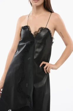 New Slip Dress a Portafoglio in Nappa con Bordi in Pizzo Donna Vestiti