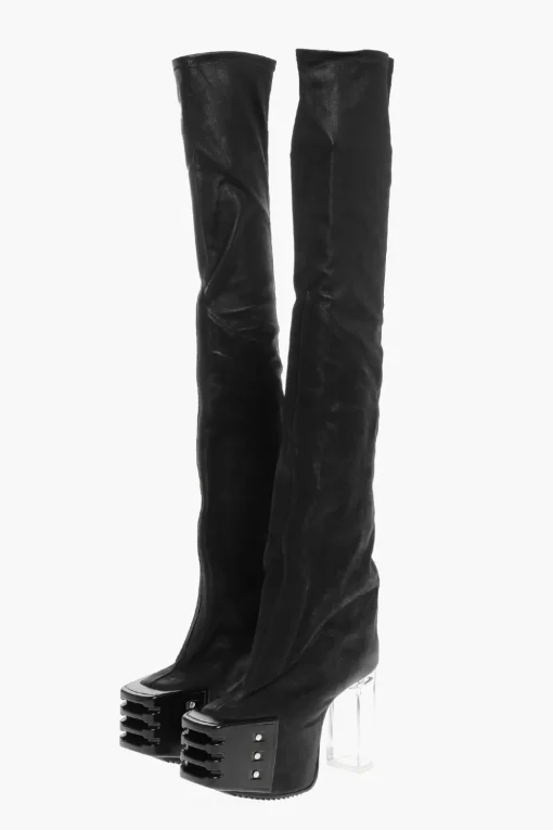 Fashion Stivali in Pelle Sopra al Ginocchio con Suola Platform 12cm Donna Stivali