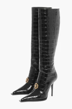 Stivali Sotto al Ginocchio in Pelle Stampata Coccodrillo 11cm>Versace Discount