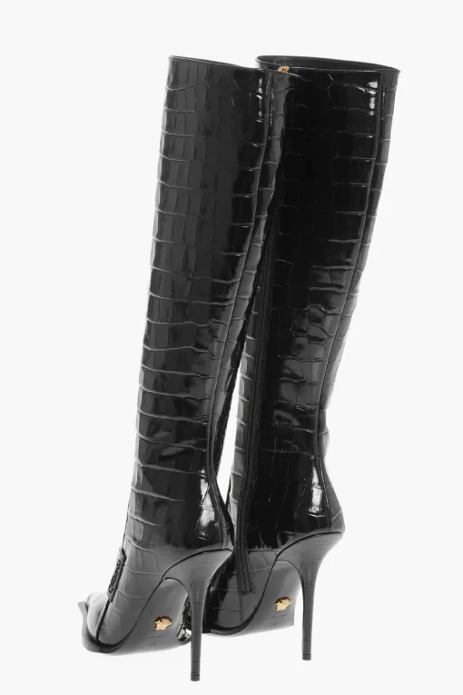 Stivali Sotto al Ginocchio in Pelle Stampata Coccodrillo 11cm>Versace Discount