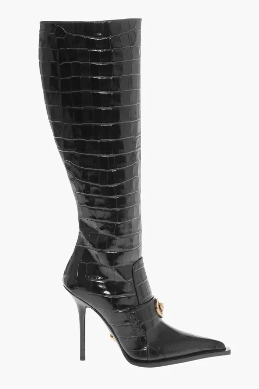 Stivali Sotto al Ginocchio in Pelle Stampata Coccodrillo 11cm>Versace Discount