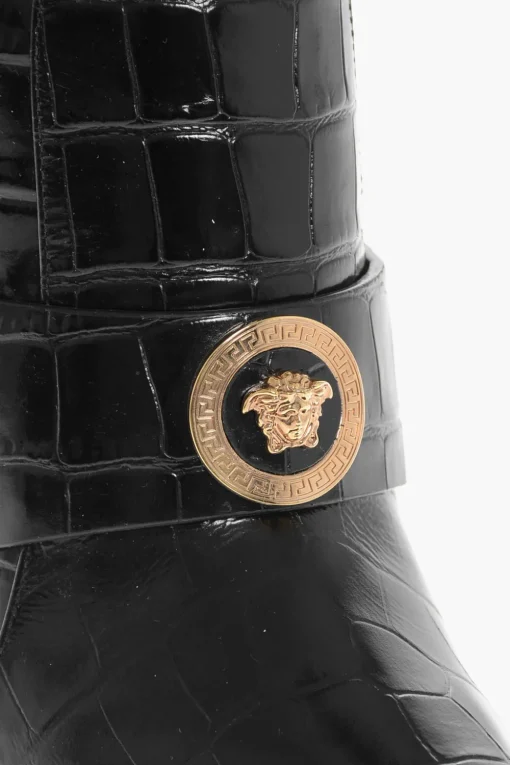 Stivali Sotto al Ginocchio in Pelle Stampata Coccodrillo 11cm>Versace Discount