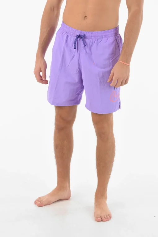 Clearance SWIM Costume Boxer a 2 Tasche con Logo Stampato Uomo Costumi Da Bagno