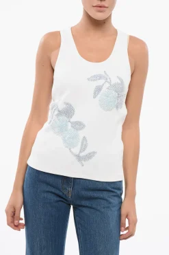 Clearance Tank Top in Cotone a Costine con Ricamo in Perline Donna T-Shirts E Tops