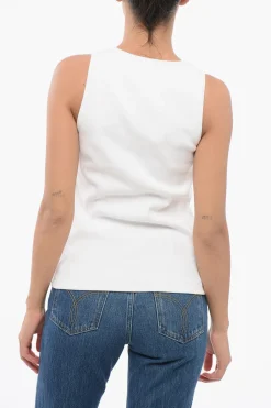 Clearance Tank Top in Cotone a Costine con Ricamo in Perline Donna T-Shirts E Tops