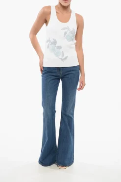 Clearance Tank Top in Cotone a Costine con Ricamo in Perline Donna T-Shirts E Tops