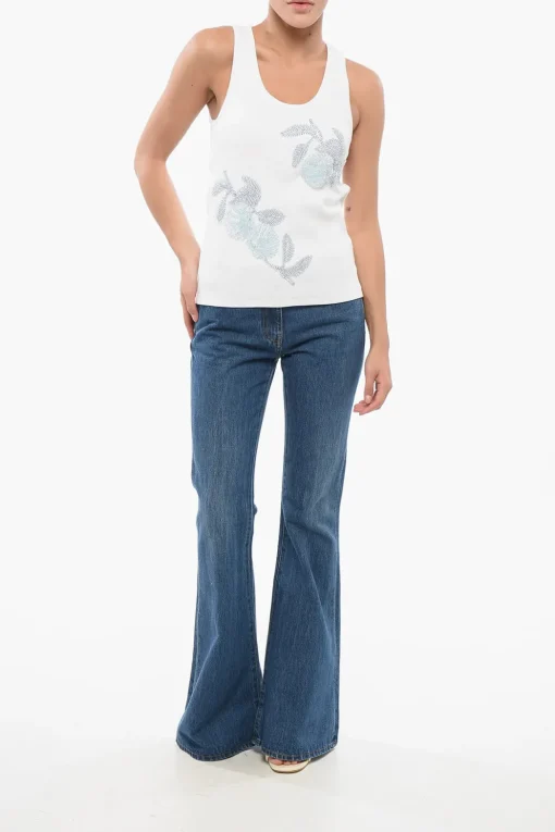 Clearance Tank Top in Cotone a Costine con Ricamo in Perline Donna T-Shirts E Tops
