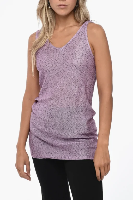 New Tank Top Openwork in Tessuto Paillettato Donna T-Shirts E Tops