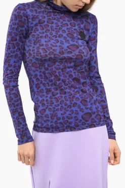 New Top a Collo Alto con Stampa Animalier Donna T-Shirts E Tops