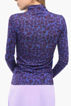 New Top a Collo Alto con Stampa Animalier Donna T-Shirts E Tops