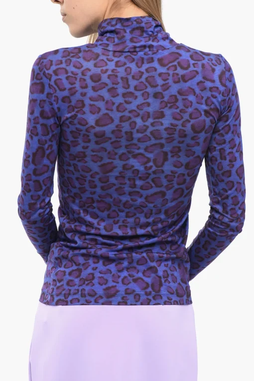 New Top a Collo Alto con Stampa Animalier Donna T-Shirts E Tops