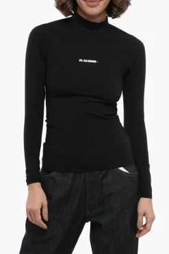 Top a Maniche Lunghe in Tessuto Tecnico con Logo Stampato>Jil Sander New