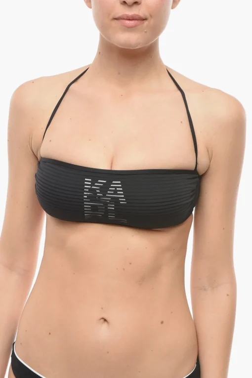 Online Top Bikini a Fascia in Tinta Unita con Dettaglio a Righe Tono su Tono Donna Costumi Da Bagno