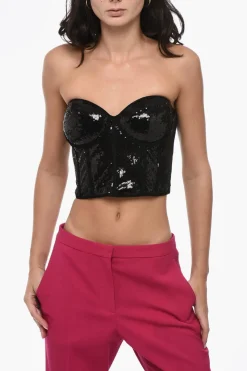Outlet Top Corsetto in Tinta Unita con Paillettes Donna T-Shirts E Tops
