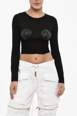 Sale Top Crop Drappeggiato con Conchiglie In Abbellimento Donna T-Shirts E Tops