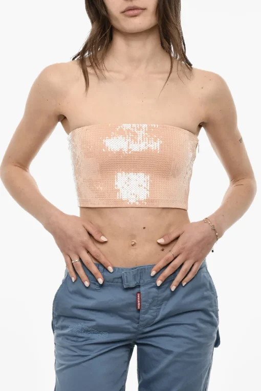 Sale Top Crop Senza Spalline In Paillettes Donna T-Shirts E Tops