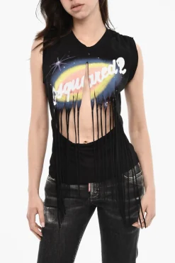 Sale Top Effetto Vintage con Frange Donna T-Shirts E Tops