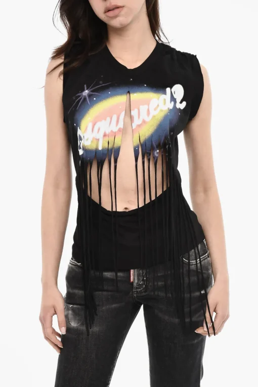 Sale Top Effetto Vintage con Frange Donna T-Shirts E Tops