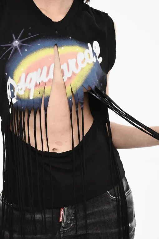 Sale Top Effetto Vintage con Frange Donna T-Shirts E Tops