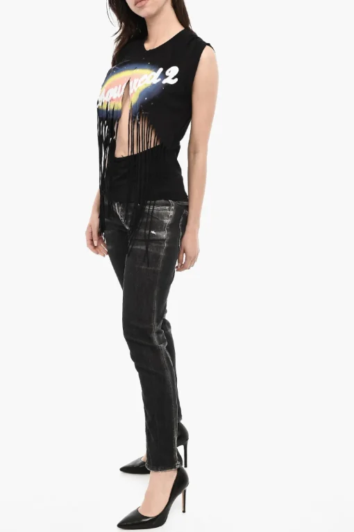 Sale Top Effetto Vintage con Frange Donna T-Shirts E Tops