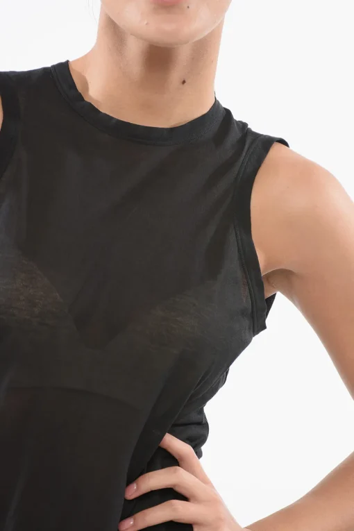 New Top Girocollo in Misto Cotone Semitrasparente Donna T-Shirts E Tops