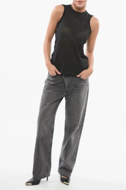New Top Girocollo in Misto Cotone Semitrasparente Donna T-Shirts E Tops