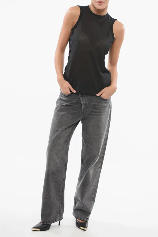 New Top Girocollo in Misto Cotone Semitrasparente Donna T-Shirts E Tops
