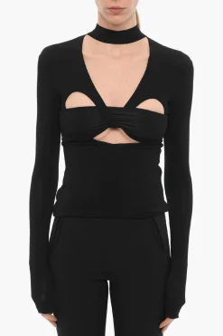 Clearance Top Halterneck a Maniche Lunghe con Dettagli Cut-Out Donna T-Shirts E Tops