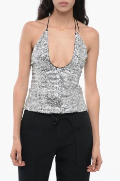 New Top Halterneck con Paillettes All-Over Donna T-Shirts E Tops