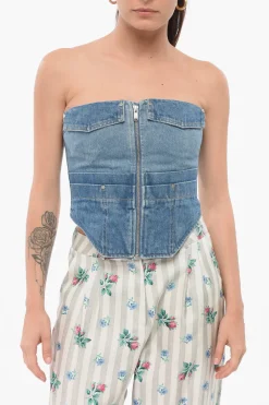New Top In Denim Con Zip Frontale Donna T-Shirts E Tops