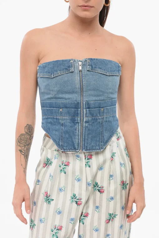 New Top In Denim Con Zip Frontale Donna T-Shirts E Tops