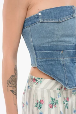 New Top In Denim Con Zip Frontale Donna T-Shirts E Tops