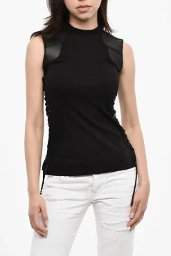 Outlet Top Lace-Up in cotone con Dettagli in Pelle Vegan Donna T-Shirts E Tops