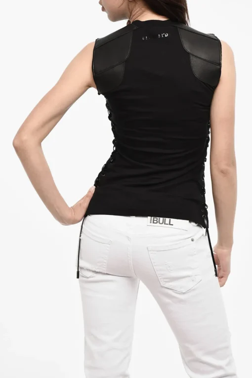 Outlet Top Lace-Up in cotone con Dettagli in Pelle Vegan Donna T-Shirts E Tops
