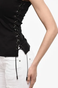 Outlet Top Lace-Up in cotone con Dettagli in Pelle Vegan Donna T-Shirts E Tops