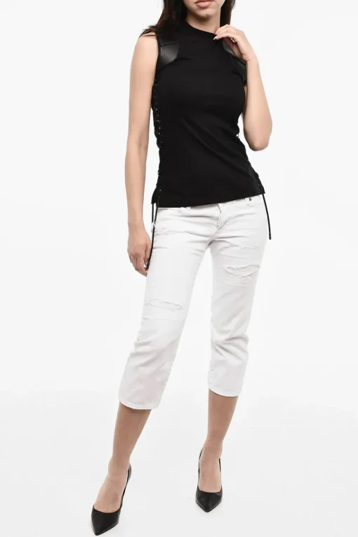 Outlet Top Lace-Up in cotone con Dettagli in Pelle Vegan Donna T-Shirts E Tops