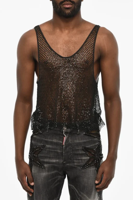 Fashion Top Tank Opework in Paillettes Uomo T-Shirt