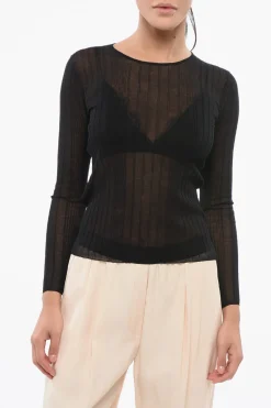Best Top Trasparente a Costine a Maniche Lunghe Donna T-Shirts E Tops