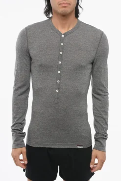 T-Shirt a Maniche Lunghe in Misto Lana con Abbottonatura Frontale>Dsquared2 Outlet