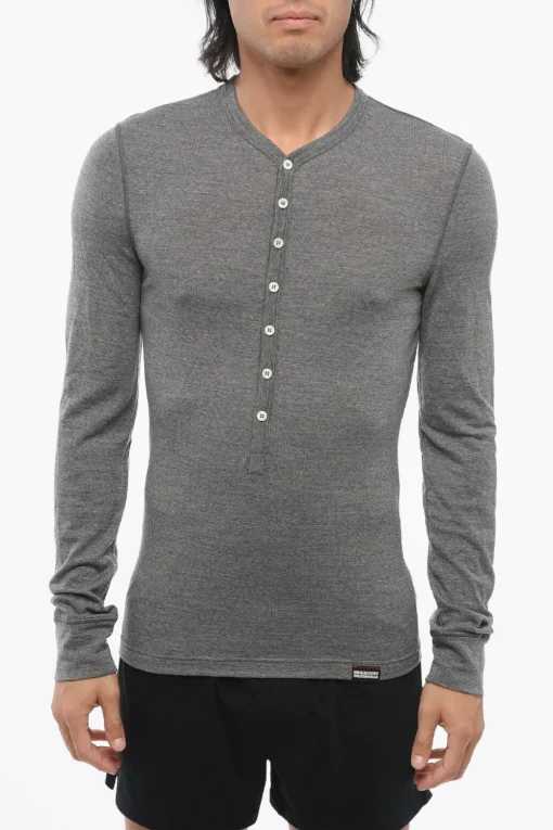 T-Shirt a Maniche Lunghe in Misto Lana con Abbottonatura Frontale>Dsquared2 Outlet